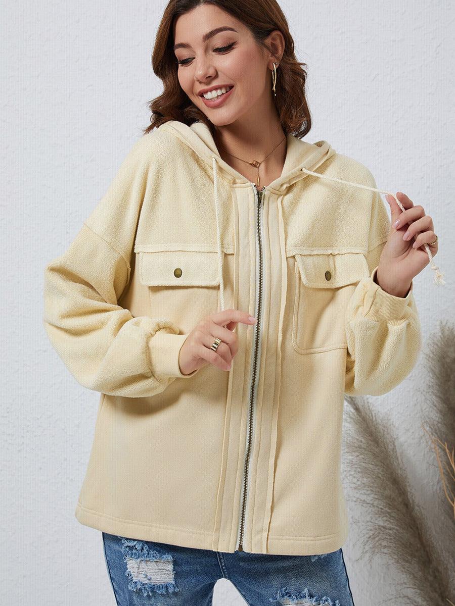 Women's Brushed Plush Hooded Pocket Jacket Coat - Nioor