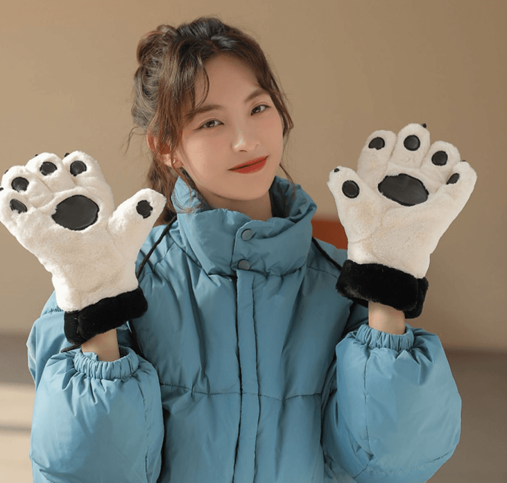 Cute Cartoon Bear Claw Plush Gloves Female Winter Warm Fleece-lined Thickened Hand-shaped Brush Road Bike Skiing - Nioor