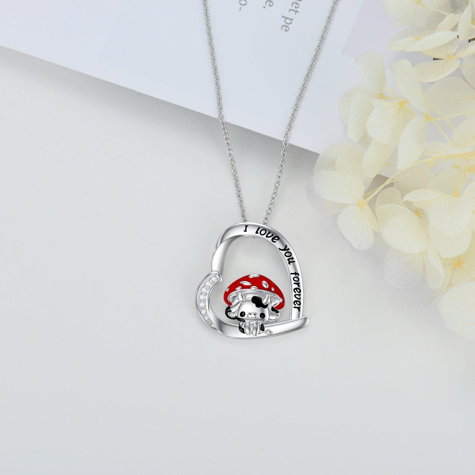 Cow Necklace 925 Sterling Silver Mushroom Cow Pendant Cute Animal Jewelry for Women Girls - Nioor