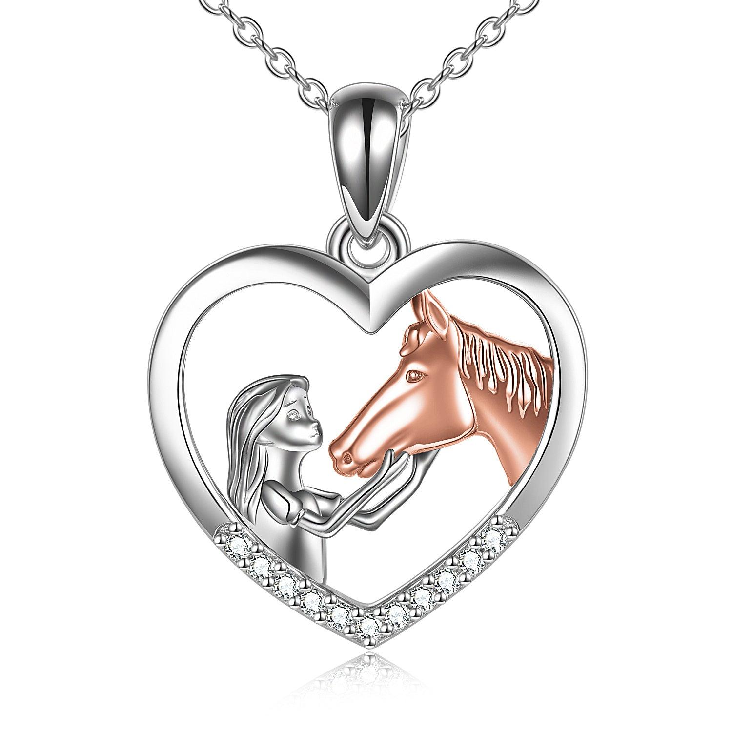 Horse Heart with Girls Pendant Necklace Gifts for Her - Nioor