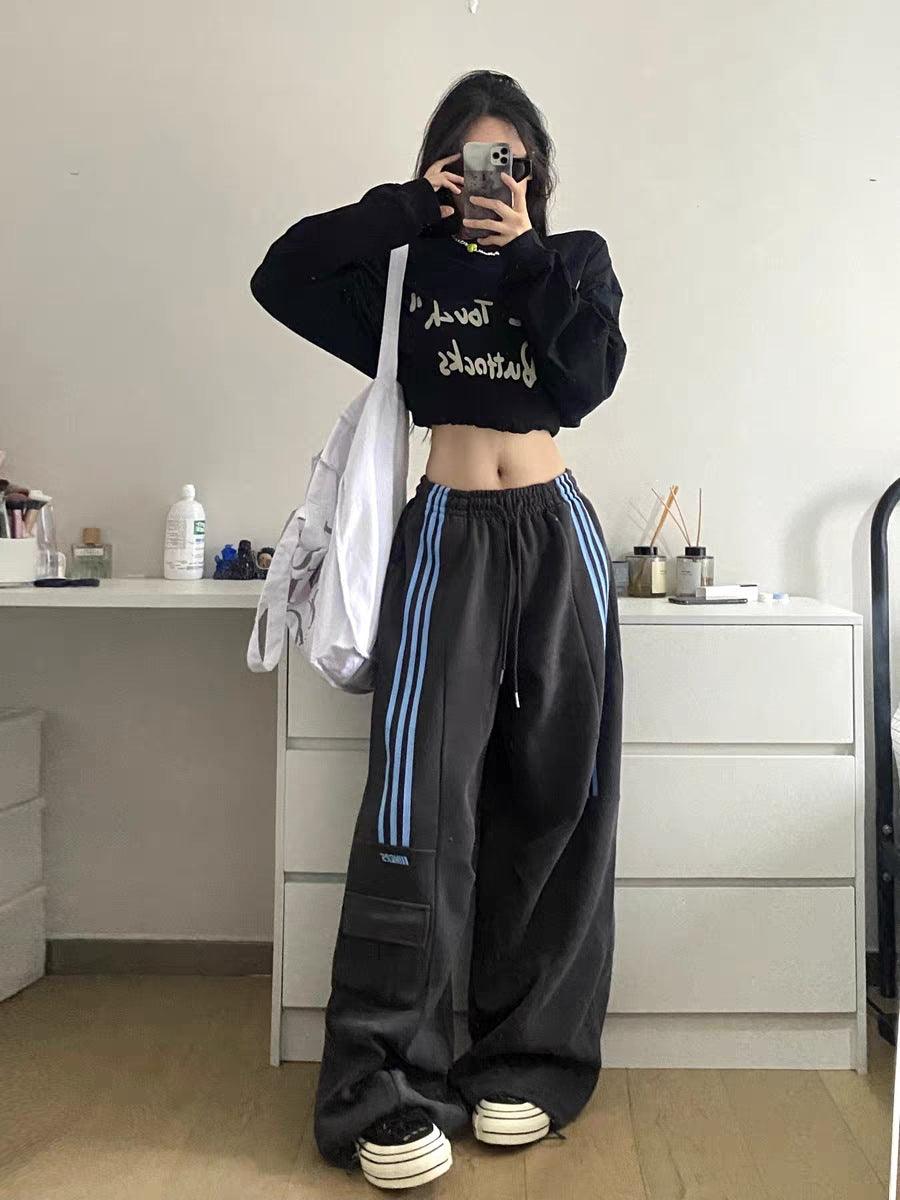 Retro Three Bars Casual Sports Pants Female Wide Leg Sweatpants - Nioor