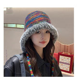 Rainbow Knitted Hat Plush Edge Strap - Nioor