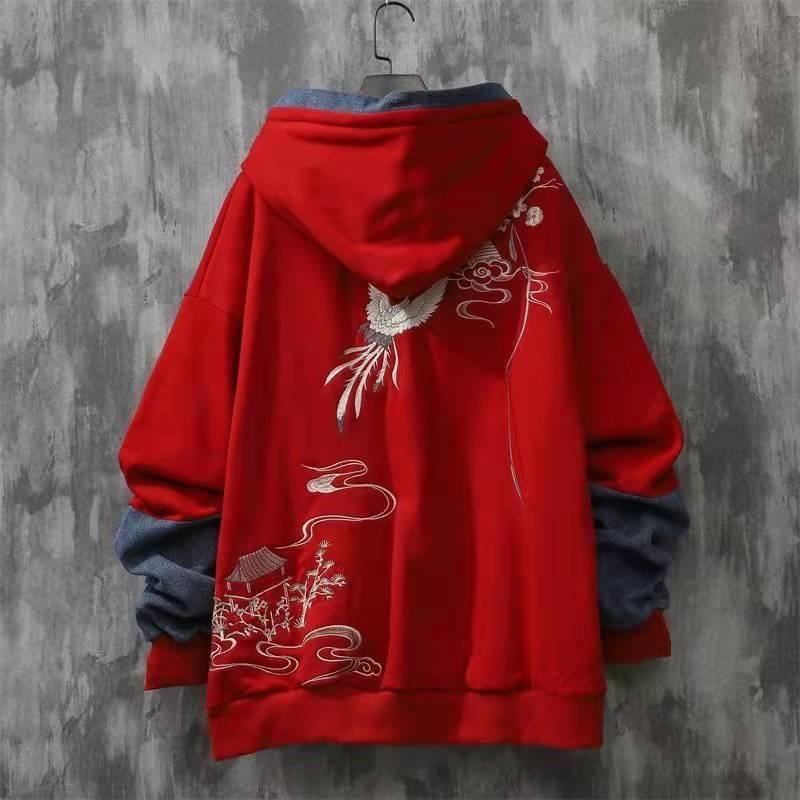 Chinese Style Button Embroidered Hooded Autumn And Winter Loose Stitching Denim Men's Clothing - Nioor