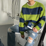 Striped Round Neck Men's Autumn And Winter Loose And Lazy Style Sweater - Nioor