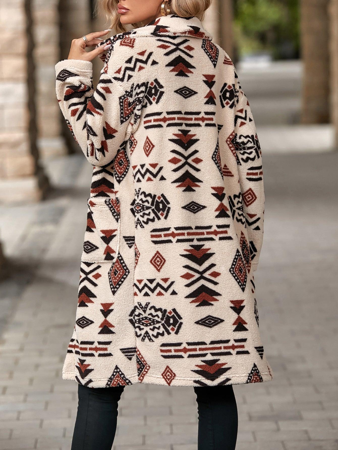 European And American Single-breasted Ethnic Print Plush Long Overcoat Outerwear - Nioor