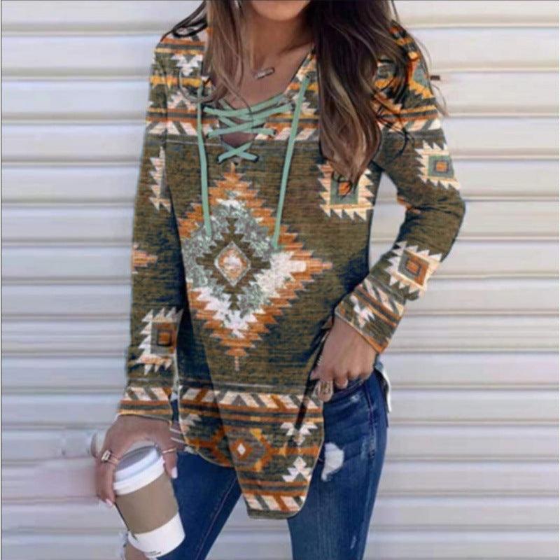 Fall V-neck Lace Ethnic Style Pullover Long Sleeve Women's Clothing - Nioor