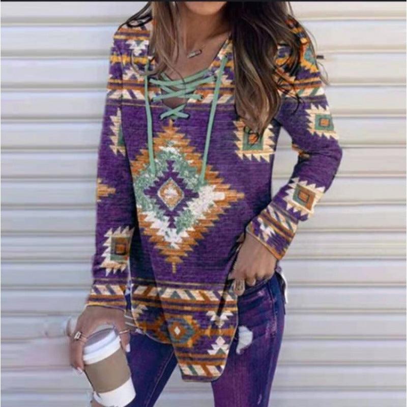 Fall V-neck Lace Ethnic Style Pullover Long Sleeve Women's Clothing - Nioor