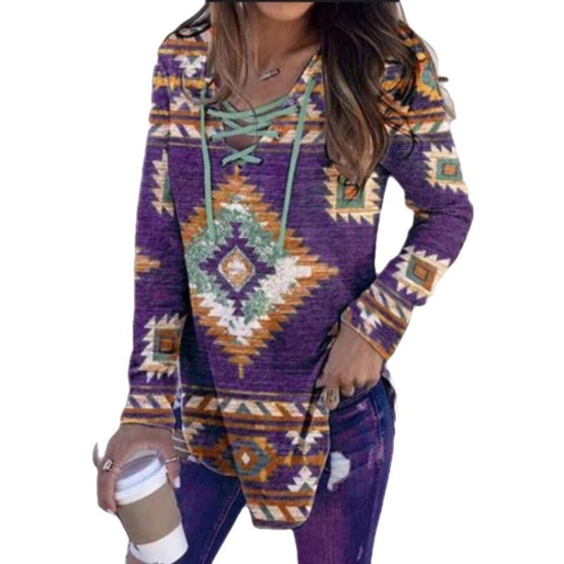 Fall V-neck Lace Ethnic Style Pullover Long Sleeve Women's Clothing - Nioor