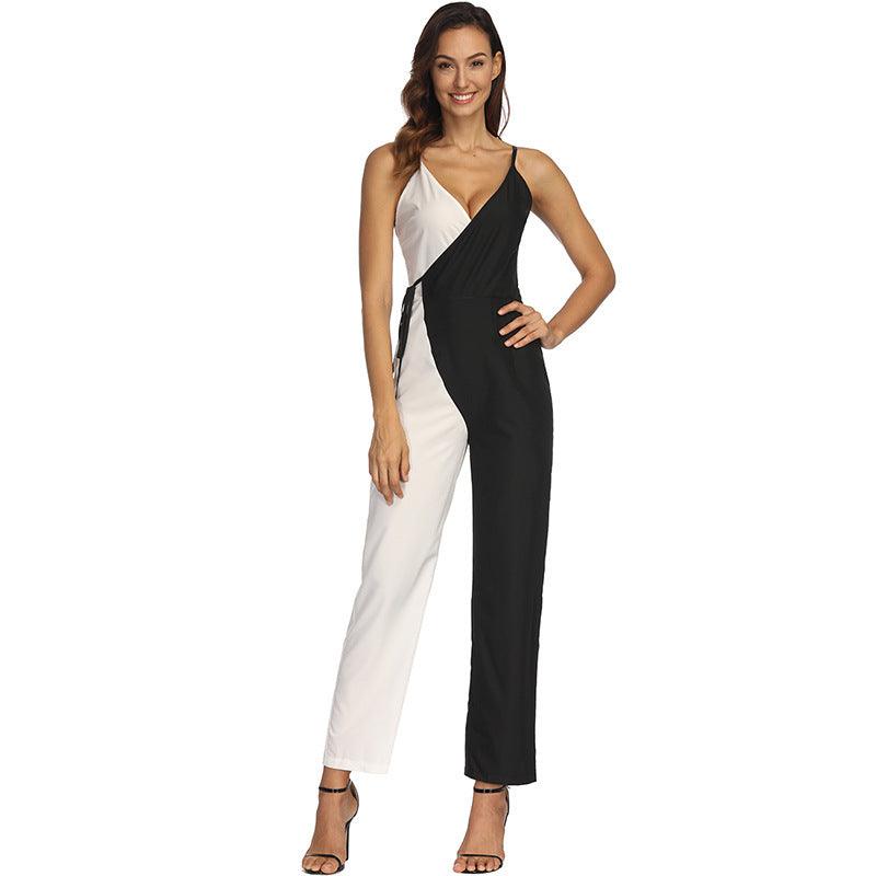 Fashion Black and White Color Matching European And American Sexy Suspender Jumpsuit Trousers - Nioor