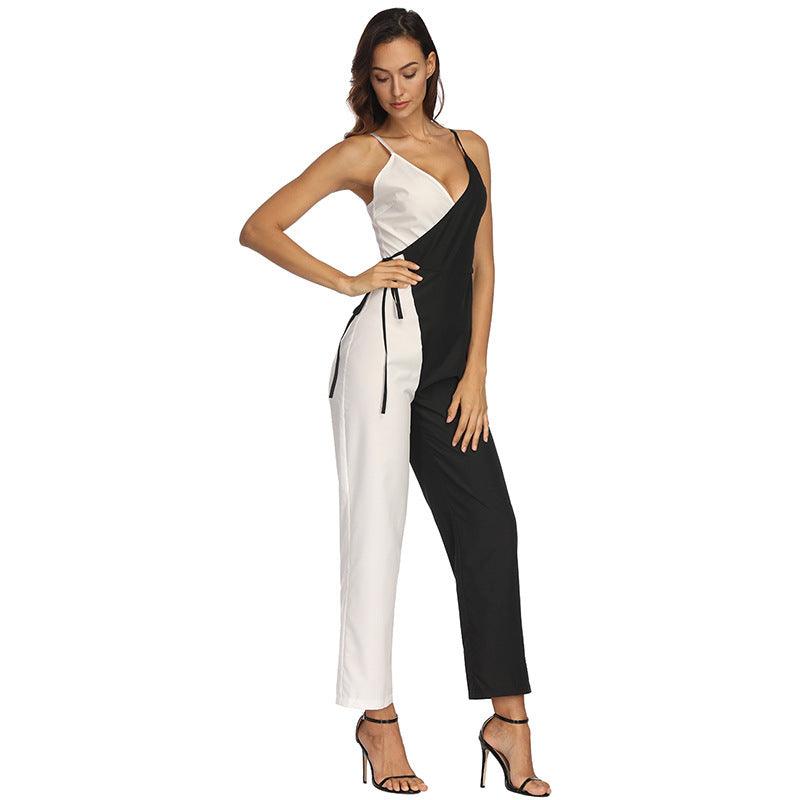 Fashion Black and White Color Matching European And American Sexy Suspender Jumpsuit Trousers - Nioor