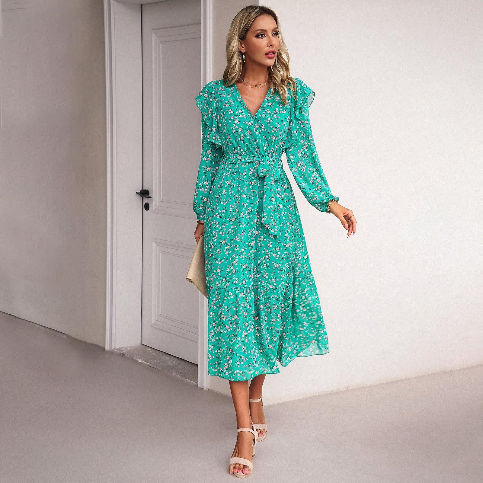 Fashion Casual Floral V-neck Long-sleeve Dress Women - Nioor