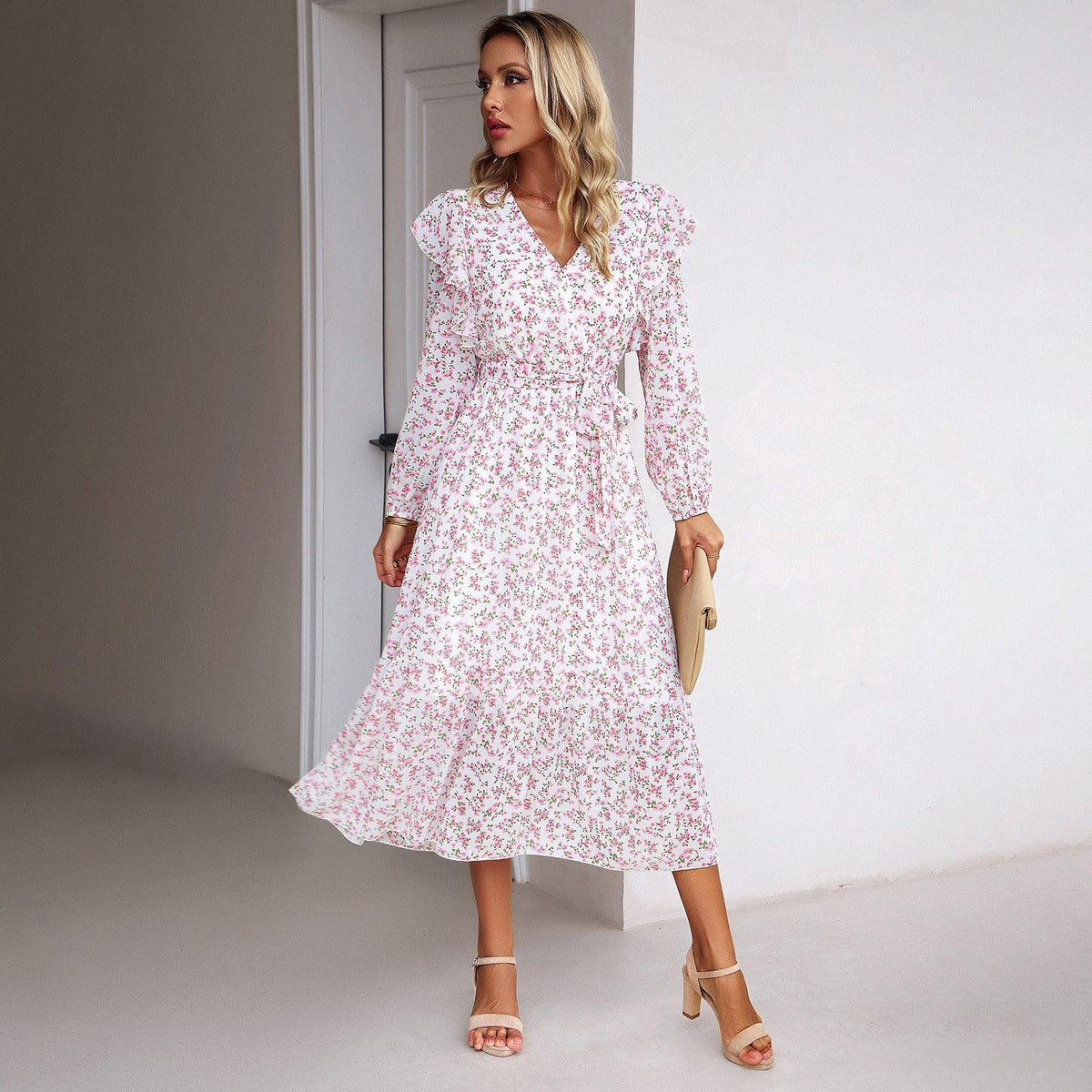 Fashion Casual Floral V-neck Long-sleeve Dress Women - Nioor