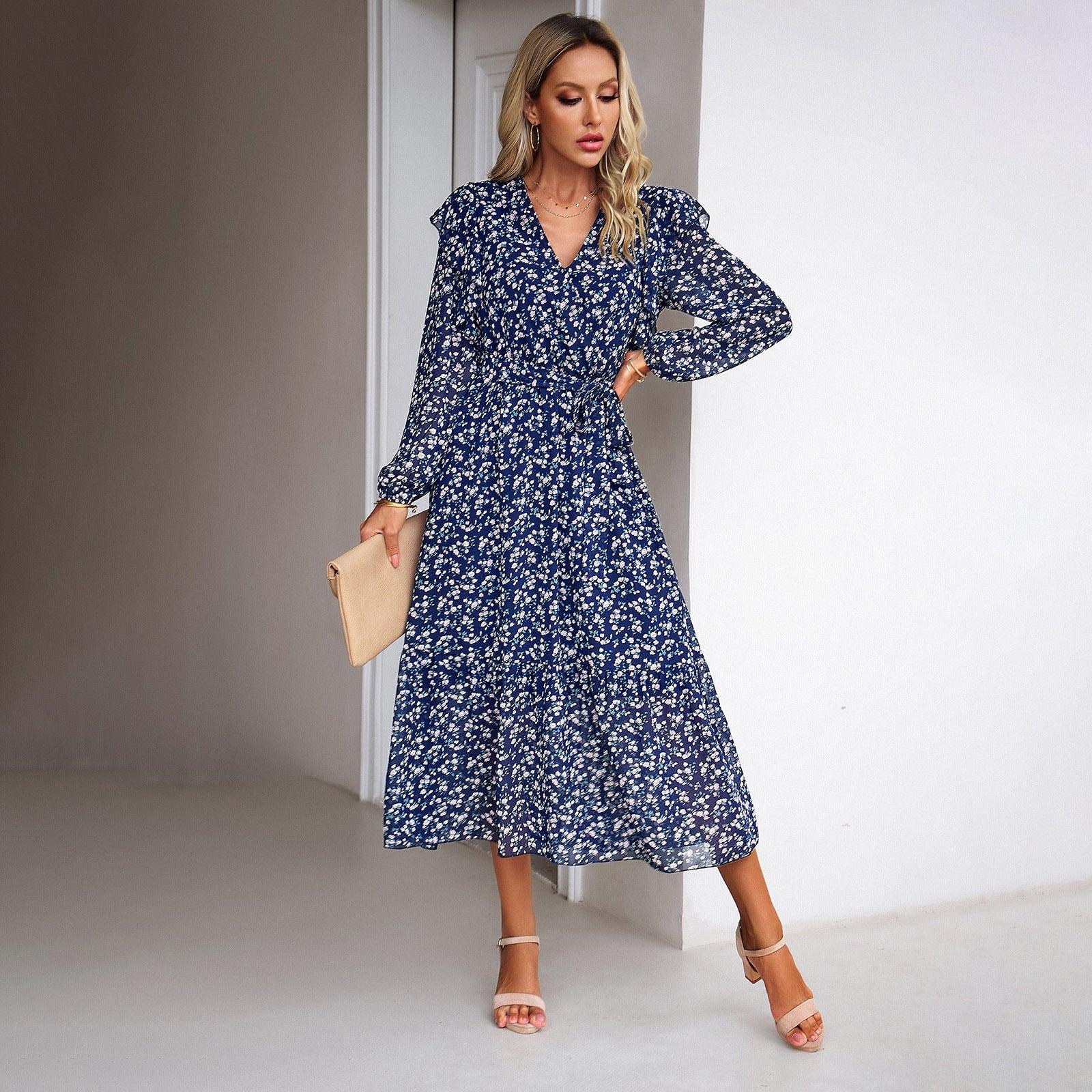 Fashion Casual Floral V-neck Long-sleeve Dress Women - Nioor