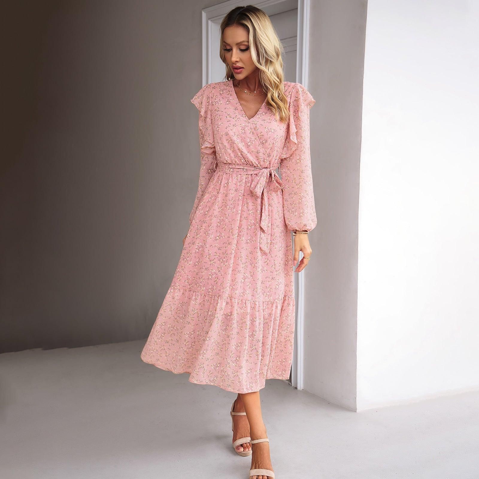 Fashion Casual Floral V-neck Long-sleeve Dress Women - Nioor