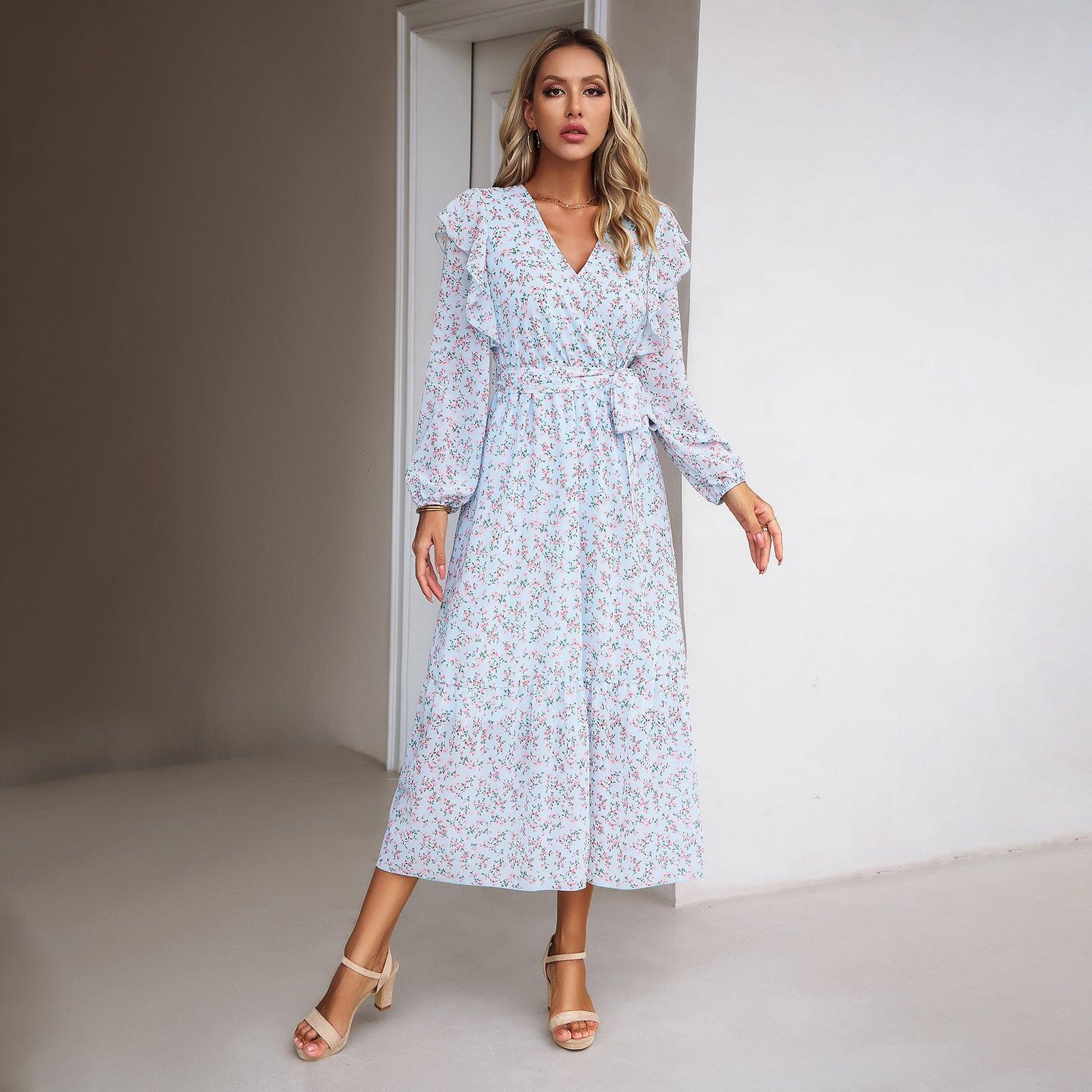 Fashion Casual Floral V-neck Long-sleeve Dress Women - Nioor