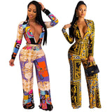 Fashion Digital Printing Long-sleeved V-neck Jumpsuit - Nioor