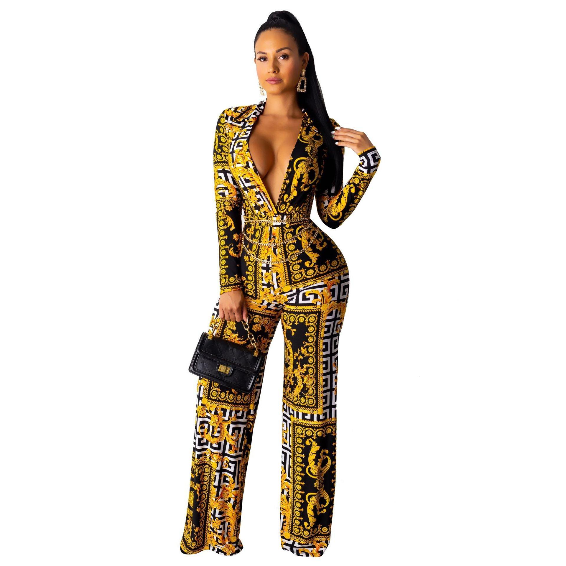 Fashion Digital Printing Long-sleeved V-neck Jumpsuit - Nioor