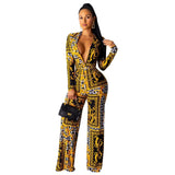 Fashion Digital Printing Long-sleeved V-neck Jumpsuit - Nioor