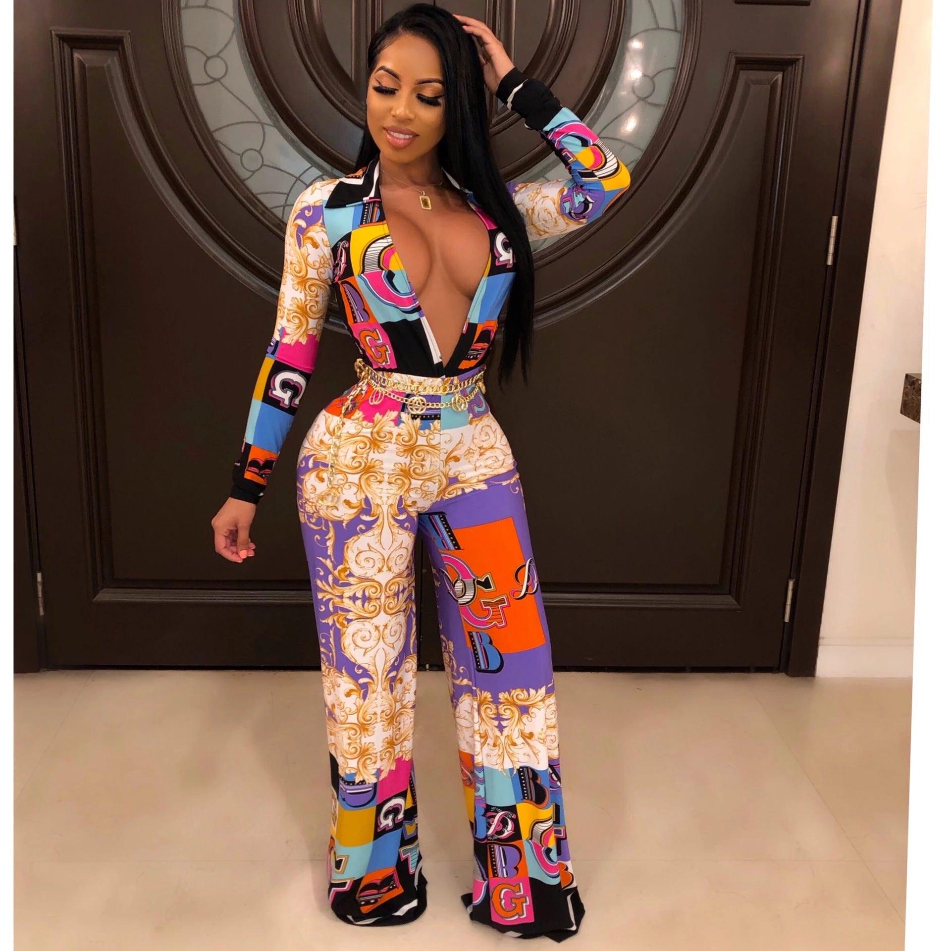 Fashion Digital Printing Long-sleeved V-neck Jumpsuit - Nioor