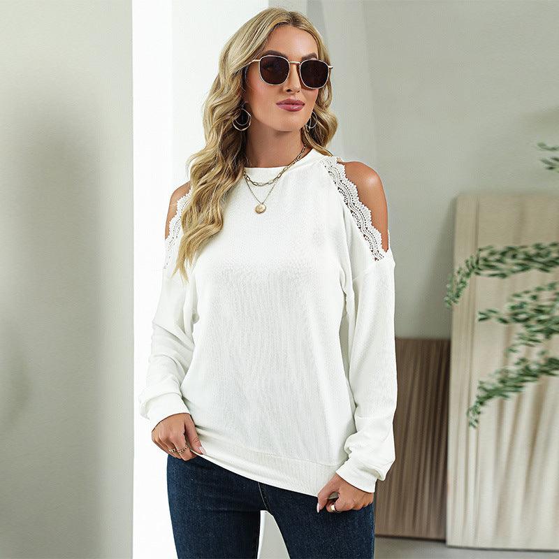 Fashion Lace Panel Sexy Shoulder Drop Casual European And American T-shirt - Nioor