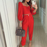 Fashion Matching Suit Temperament Pure Color Square Collar Long Sleeve Top High Waist Ankle-tied Trousers Two-piece Set - Nioor