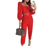 Fashion Matching Suit Temperament Pure Color Square Collar Long Sleeve Top High Waist Ankle-tied Trousers Two-piece Set - Nioor