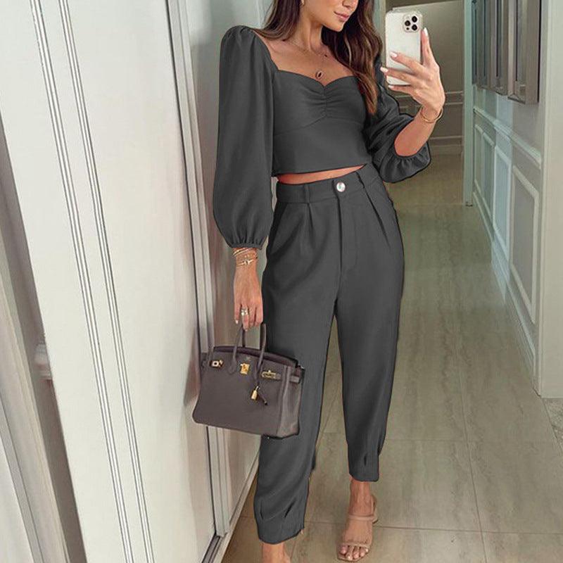 Fashion Matching Suit Temperament Pure Color Square Collar Long Sleeve Top High Waist Ankle-tied Trousers Two-piece Set - Nioor