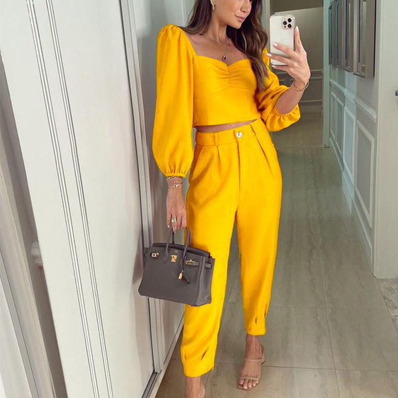 Fashion Matching Suit Temperament Pure Color Square Collar Long Sleeve Top High Waist Ankle-tied Trousers Two-piece Set - Nioor