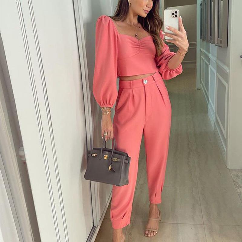 Fashion Matching Suit Temperament Pure Color Square Collar Long Sleeve Top High Waist Ankle-tied Trousers Two-piece Set - Nioor