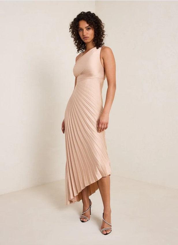 Fashion One-shoulder Sun Pleated Satin Dress - Nioor