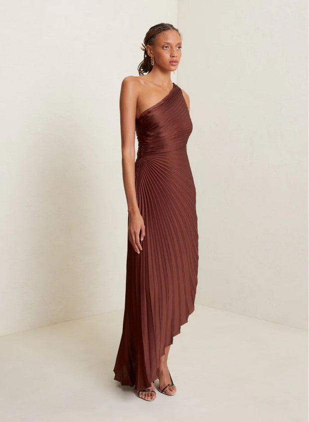 Fashion One-shoulder Sun Pleated Satin Dress - Nioor