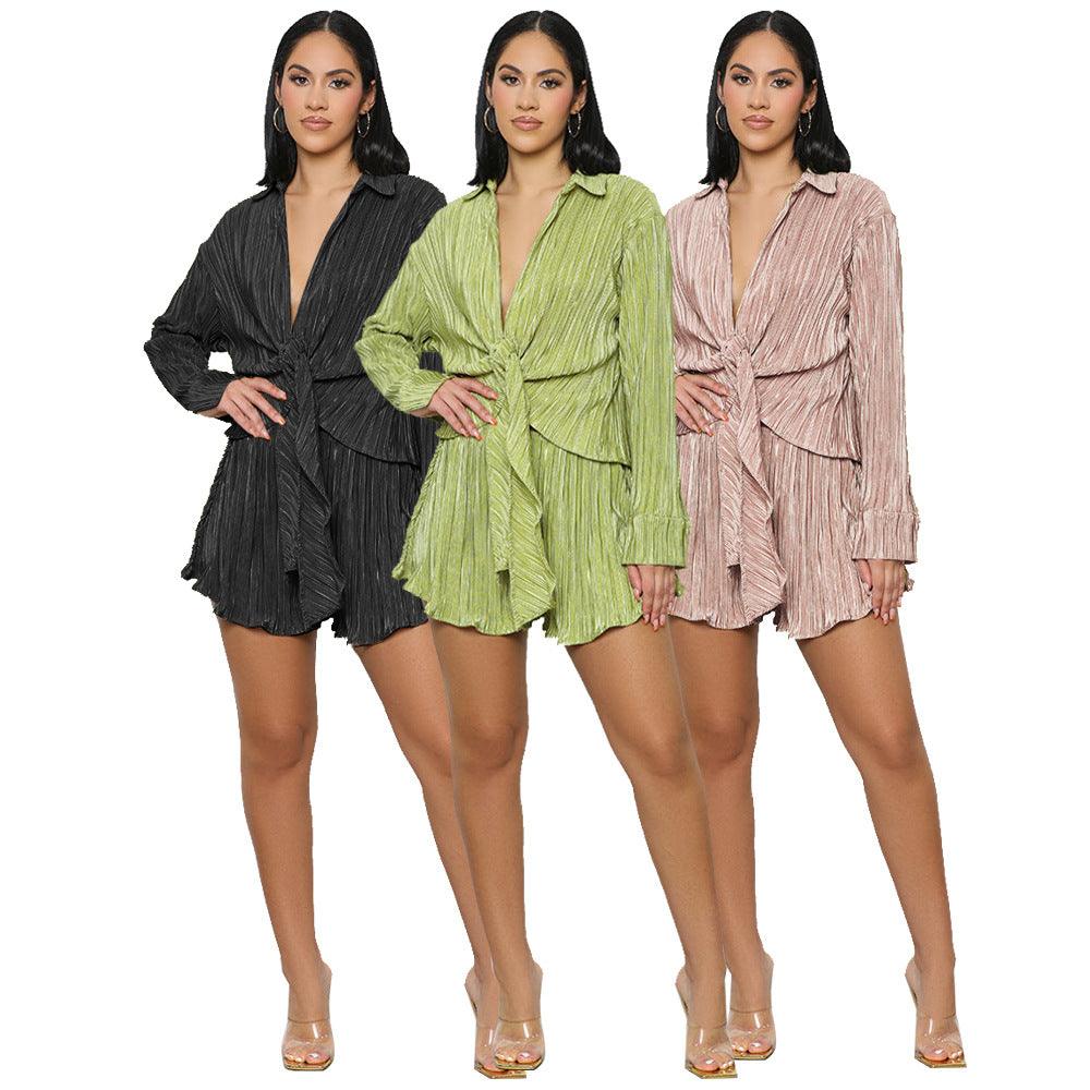 Fashion Pleated Shorts Two-piece Set - Nioor