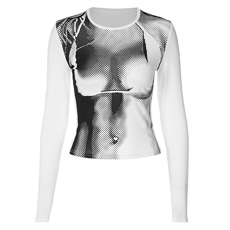 Fashion Print Round Neck Slim Fit Midriff-baring Women's Long-sleeved Top - Nioor