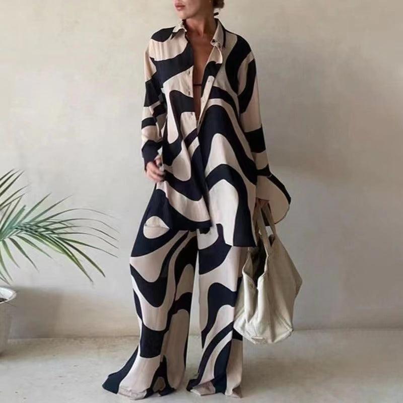 Fashion Printed Loose Long Sleeves Shirt Straight-leg Trousers Women's Suit - Nioor