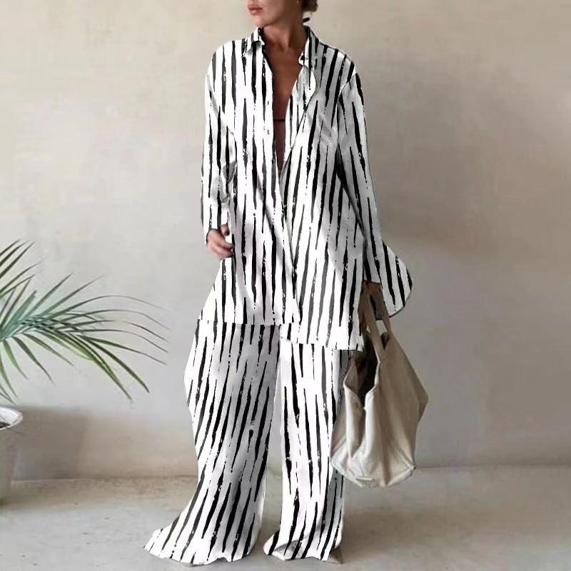 Fashion Printed Loose Long Sleeves Shirt Straight-leg Trousers Women's Suit - Nioor