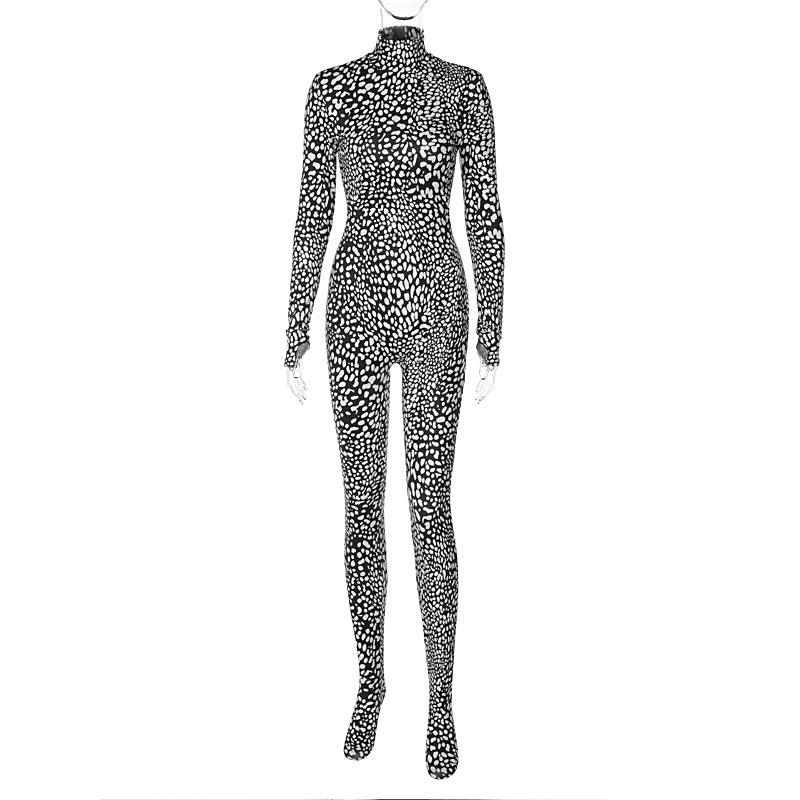 Fashion Printing Slim Back Zipper Turtleneck Long Sleeve Jumpsuit Wholesale - Nioor