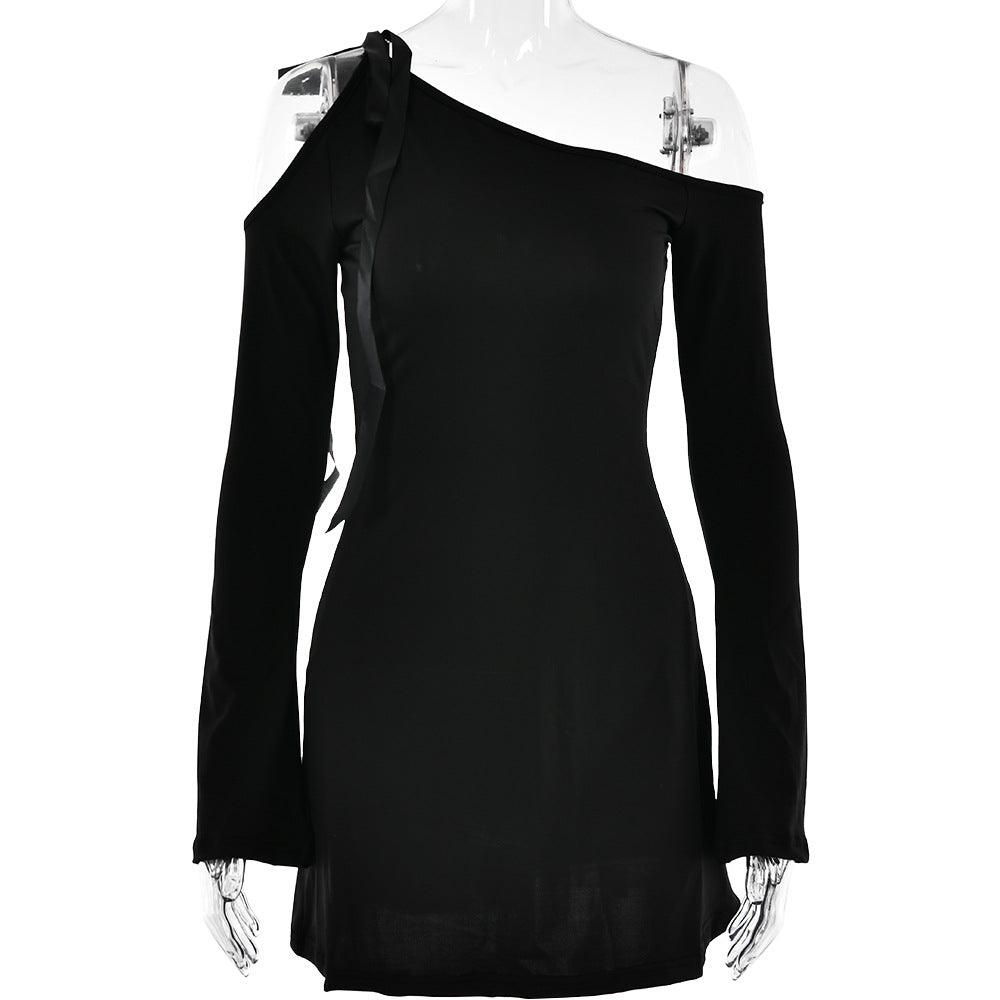 Fashion Sexy Slant Neck Off-the-shoulder Splicing High Waist Long Sleeve Wrap Hip Dress - Nioor