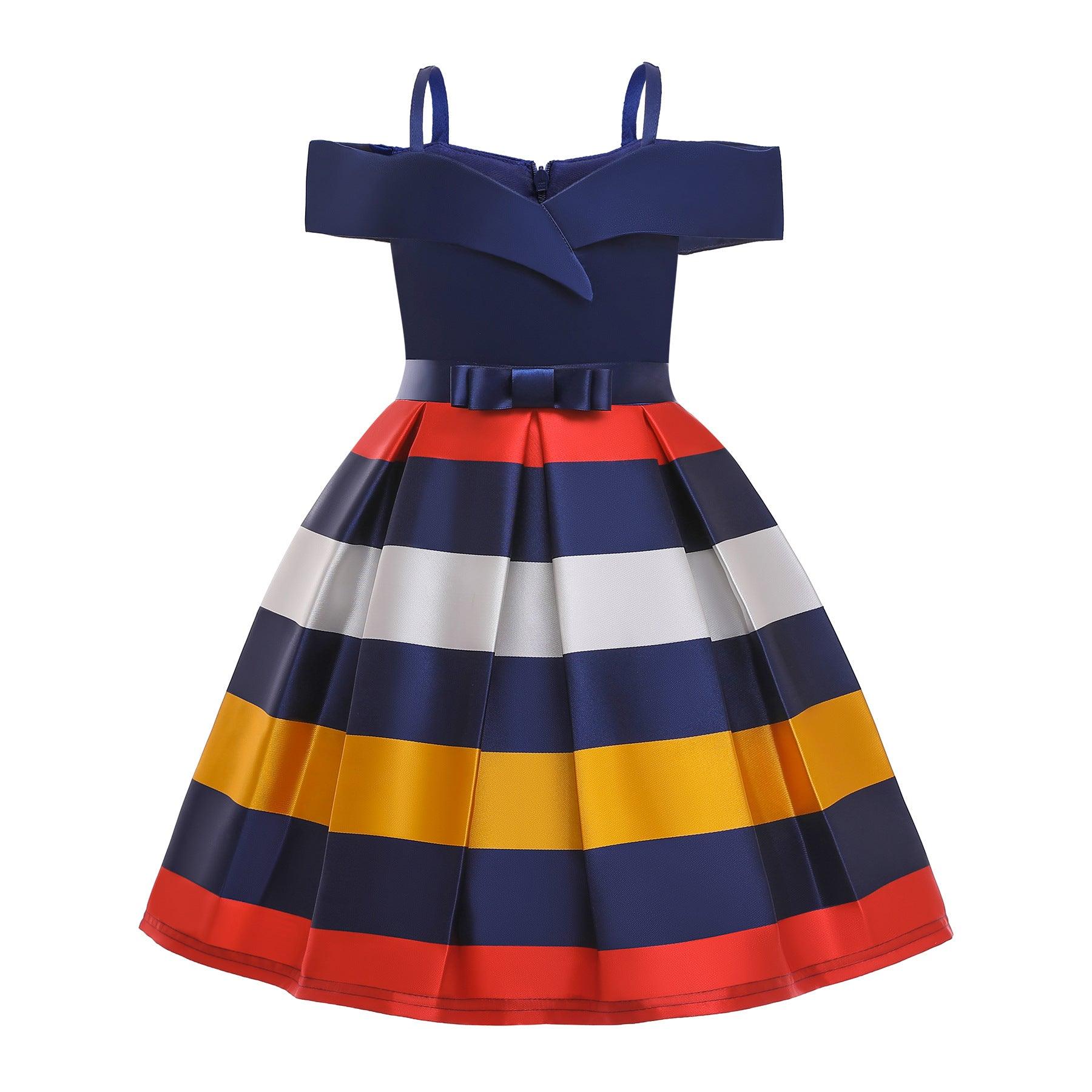 Fashion Sling Dress Children's Strapless Striped Birthday Dress - Nioor