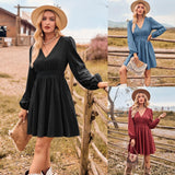 Fashion V-neck Casual Women's Solid Color Waist Tight Long Sleeve Slim Dress - Nioor