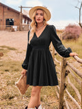 Fashion V-neck Casual Women's Solid Color Waist Tight Long Sleeve Slim Dress - Nioor