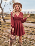 Fashion V-neck Casual Women's Solid Color Waist Tight Long Sleeve Slim Dress - Nioor