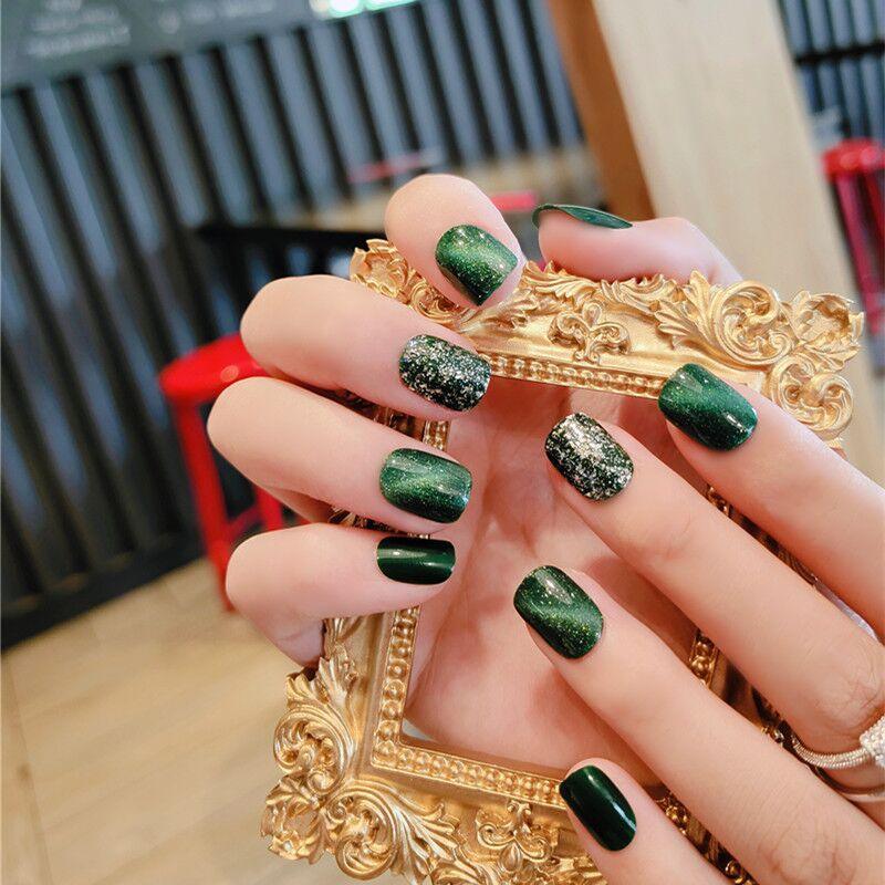 Fashionable Detachable Nail Piece Emerald Flashing Diamond Wearable Nail Art Finished Product 24 Fake Nail Patches - Nioor