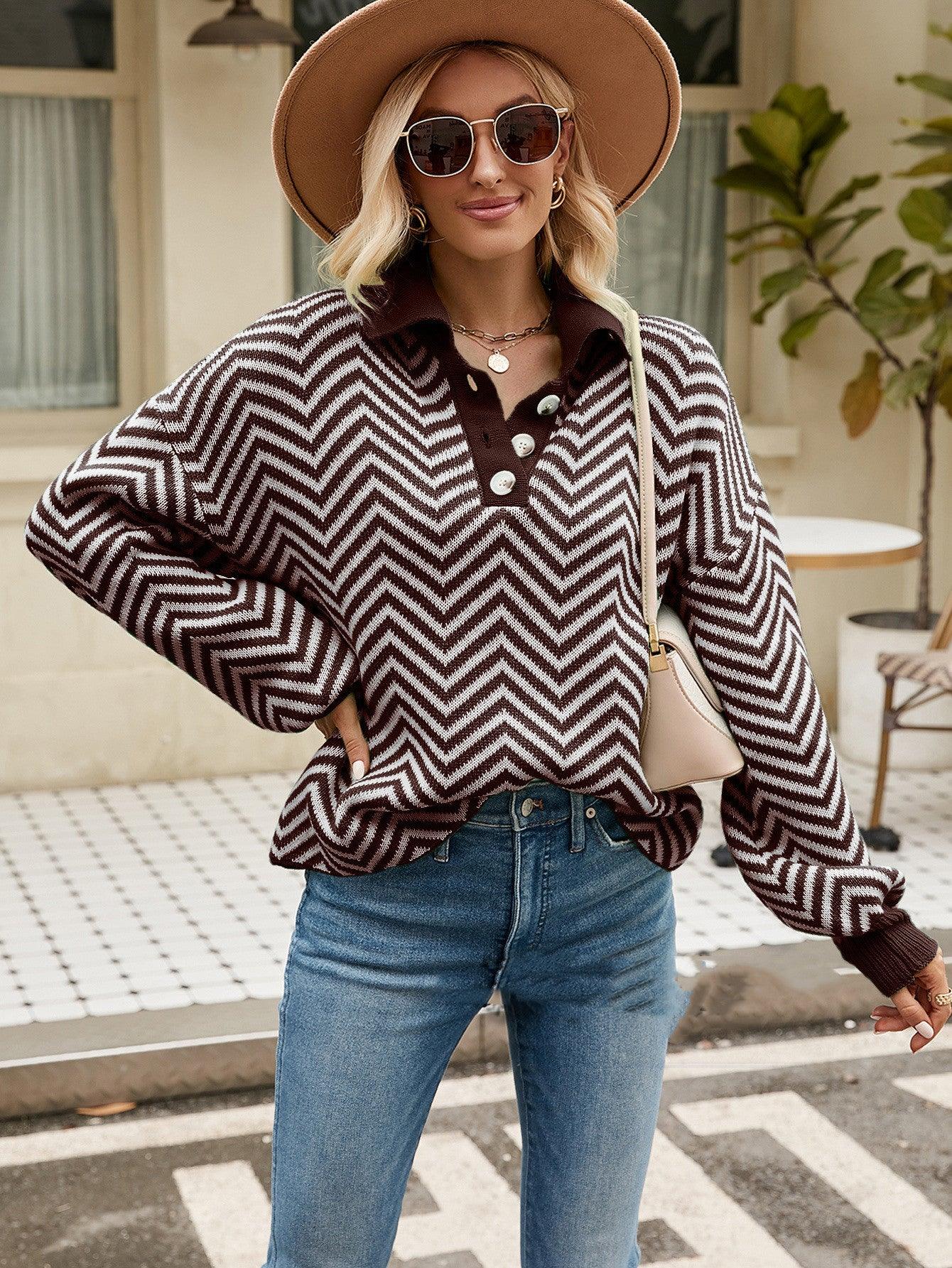 Fashionable Striped Knit Sweater For Women With Long Sleeved Color Matching - Nioor