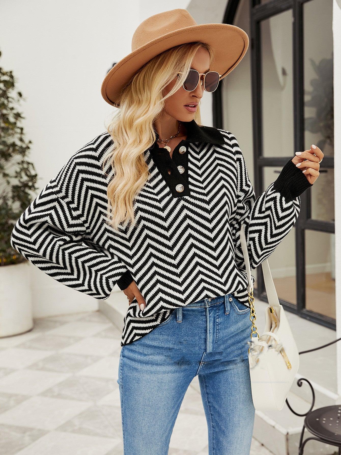 Fashionable Striped Knit Sweater For Women With Long Sleeved Color Matching - Nioor