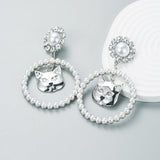 Shiny Alloy Diamond-studded Cat Head Ring Pearl Earrings Women's Trend Light Luxury High-end - Nioor