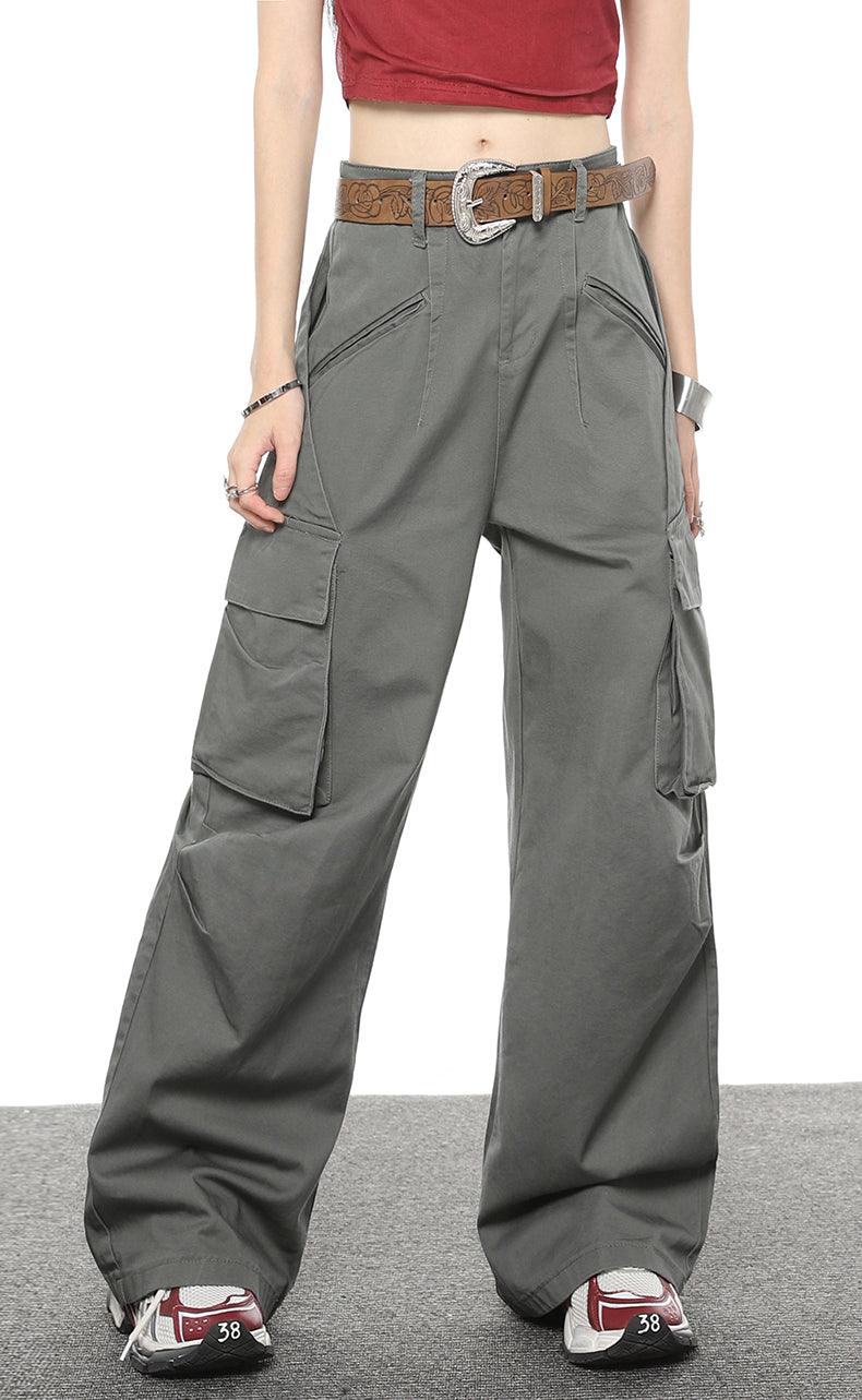 Multi Pocket Loose Casual Straight Wide Leg Pants - Nioor