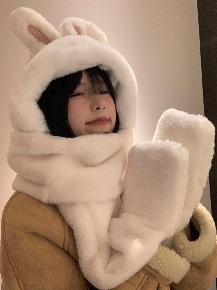 White Bunny Ears Hat And Scarf All In One - Nioor