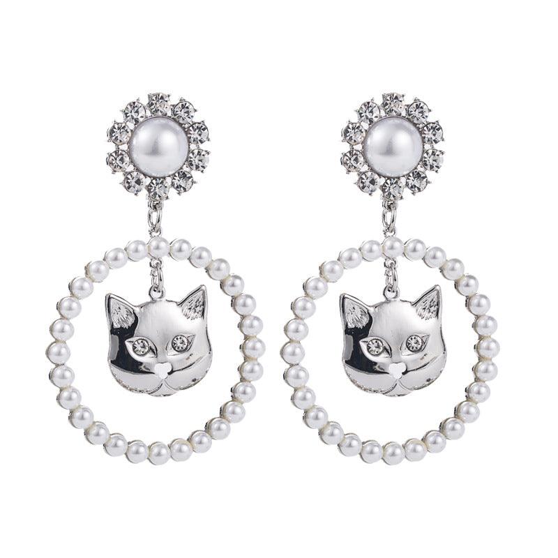 Shiny Alloy Diamond-studded Cat Head Ring Pearl Earrings Women's Trend Light Luxury High-end - Nioor