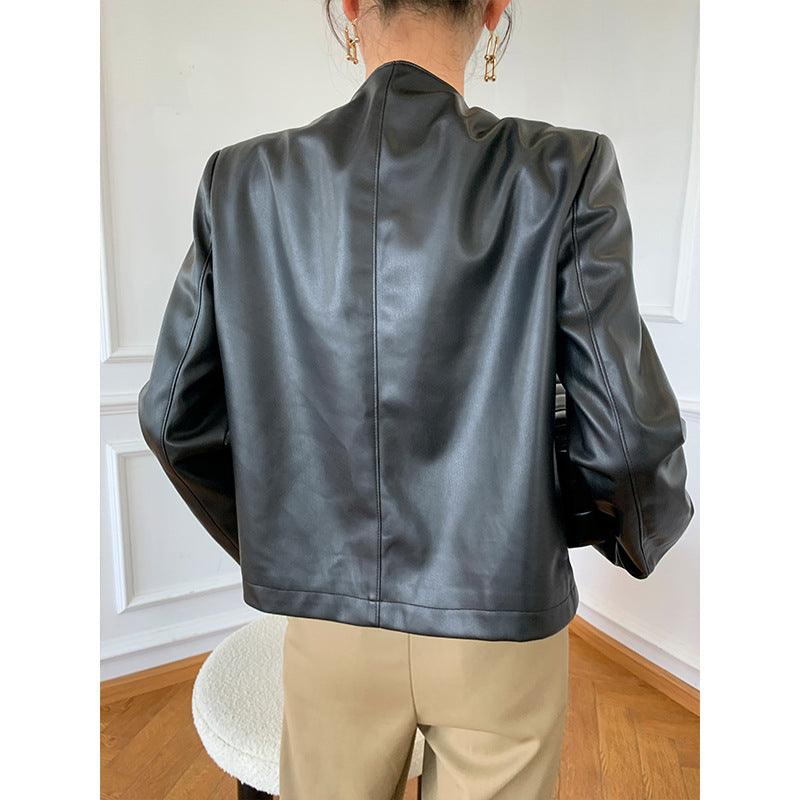 Black Round Neck Cardigan Casual Faux Leather Jacket - Nioor