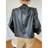 Black Round Neck Cardigan Casual Faux Leather Jacket - Nioor